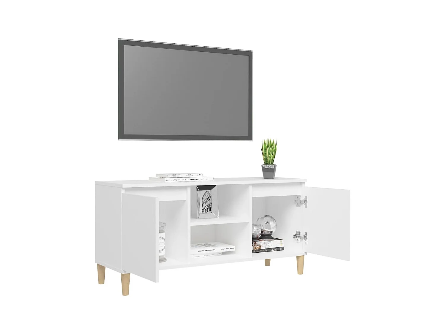 Meuble TV avec pieds en bois massif Blanc 103,5x35x50
