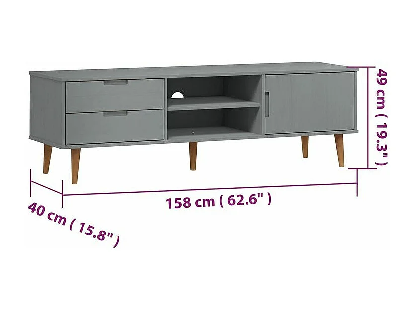 Meuble TV MOLDE Gris 158x40x49 Bois de pin massif
