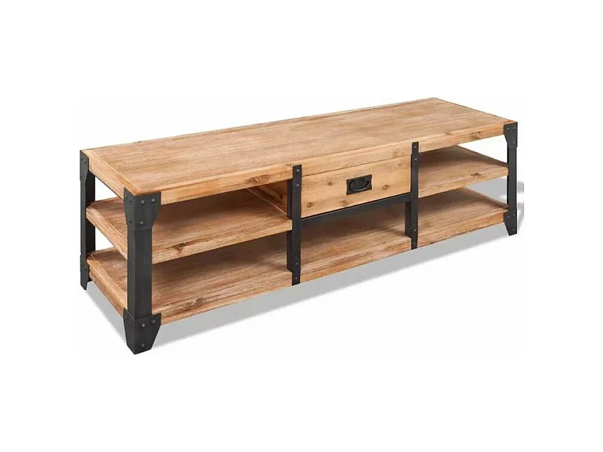 Meuble TV 2 étagères 1 tiroir acacia clair et métal noir Aqua