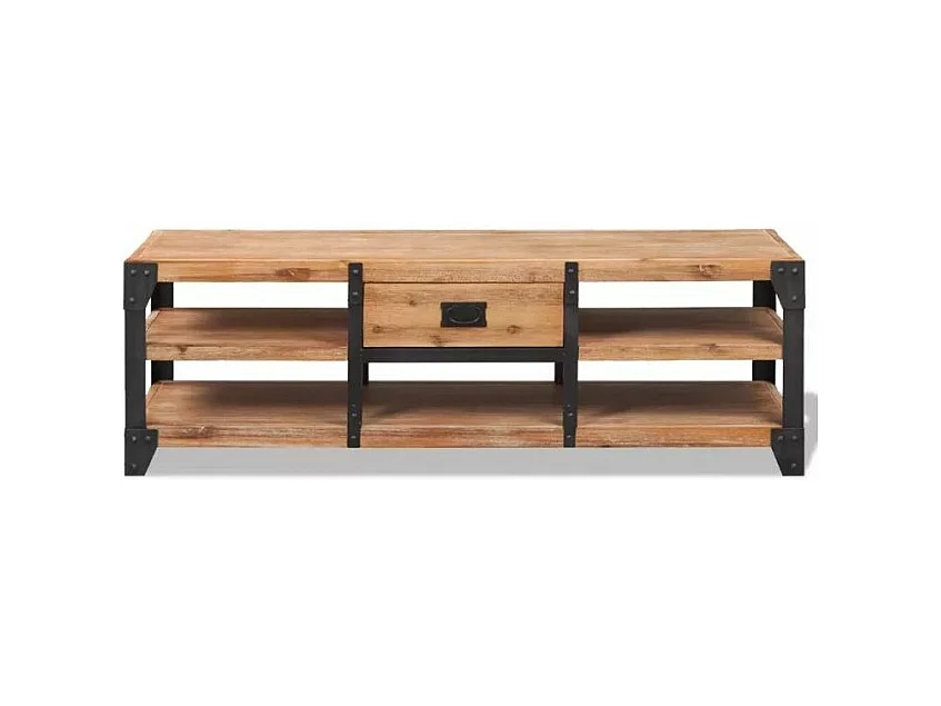 Meuble TV 2 étagères 1 tiroir acacia clair et métal noir Aqua