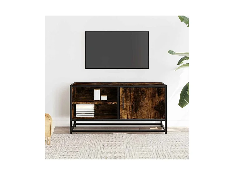 Meuble TV chêne fumé 80x34,5x40 bois d'ingénierie et métal