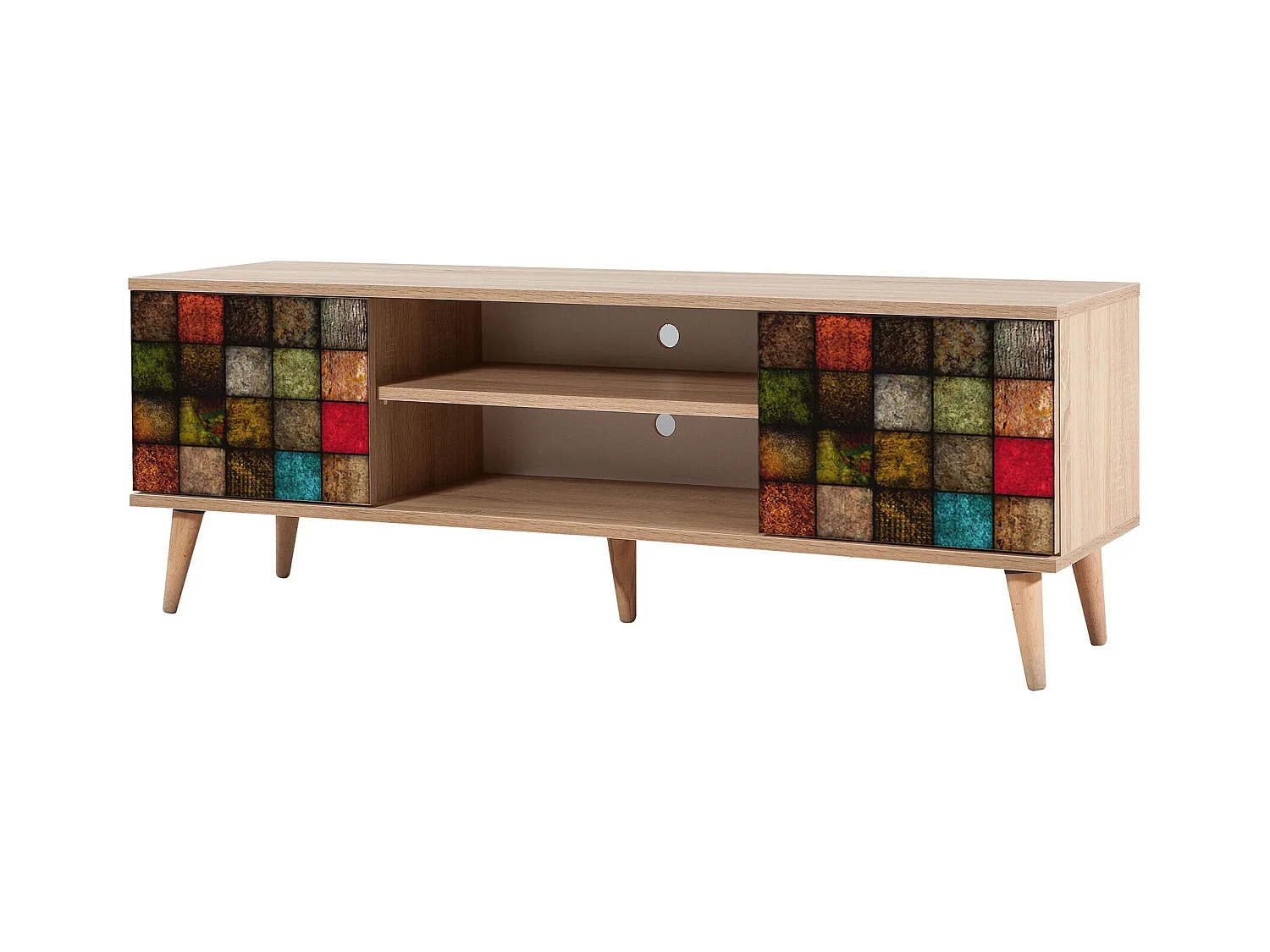 Meuble TV en bois clair et damier multicolors Kiza 723