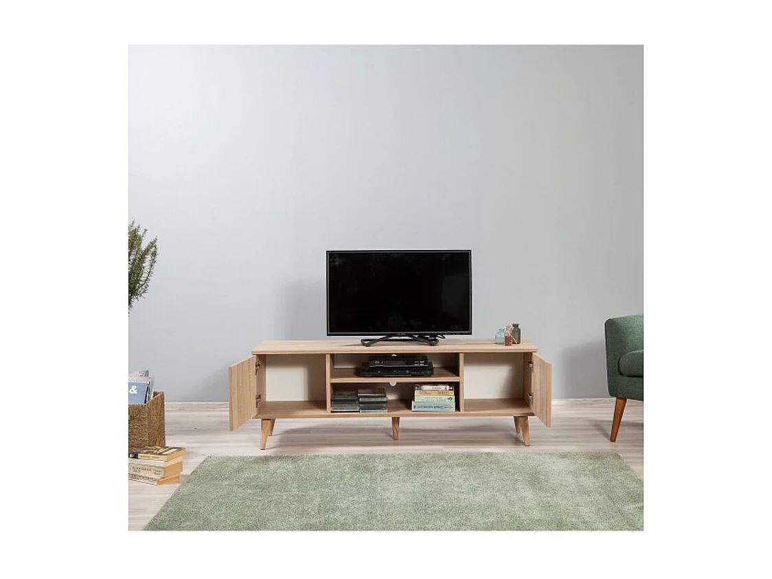 Meuble TV en bois clair et damier multicolors Kiza 723