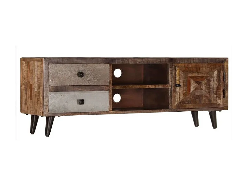 Meuble TV 1 porte 2 tiroirs manguier massif foncé Induka