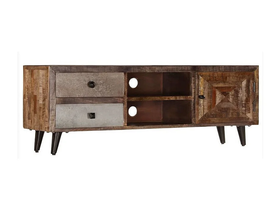 Meuble TV 1 porte 2 tiroirs manguier massif foncé Induka