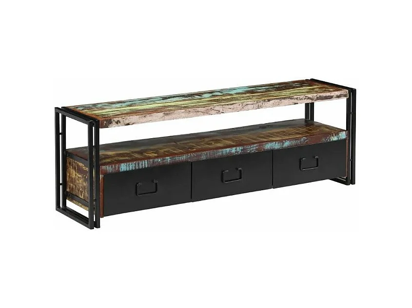 Meuble TV 3 tiroirs bois massif recyclé et métal noir Mista