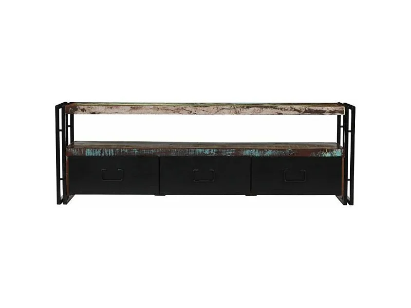 Meuble TV 3 tiroirs bois massif recyclé et métal noir Mista