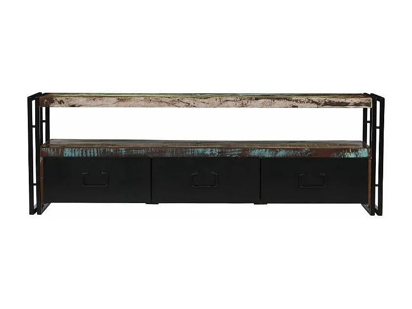 Meuble TV 3 tiroirs bois massif recyclé et métal noir Mista