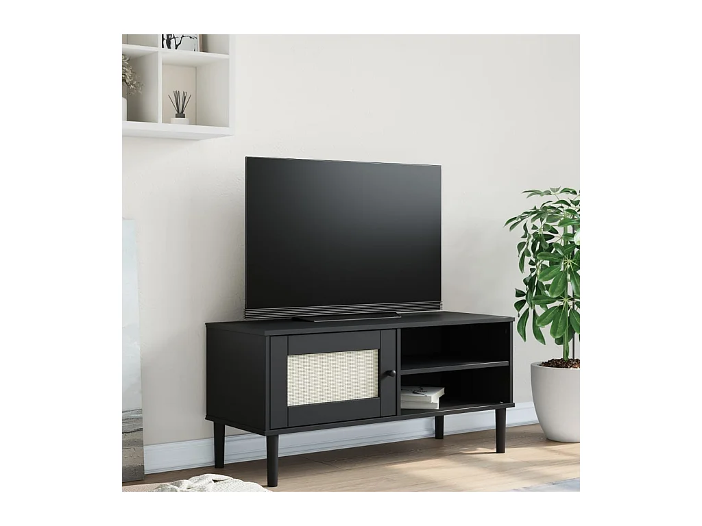 Meuble TV SENJA aspect rotin noir 106x40x49 bois massif pin