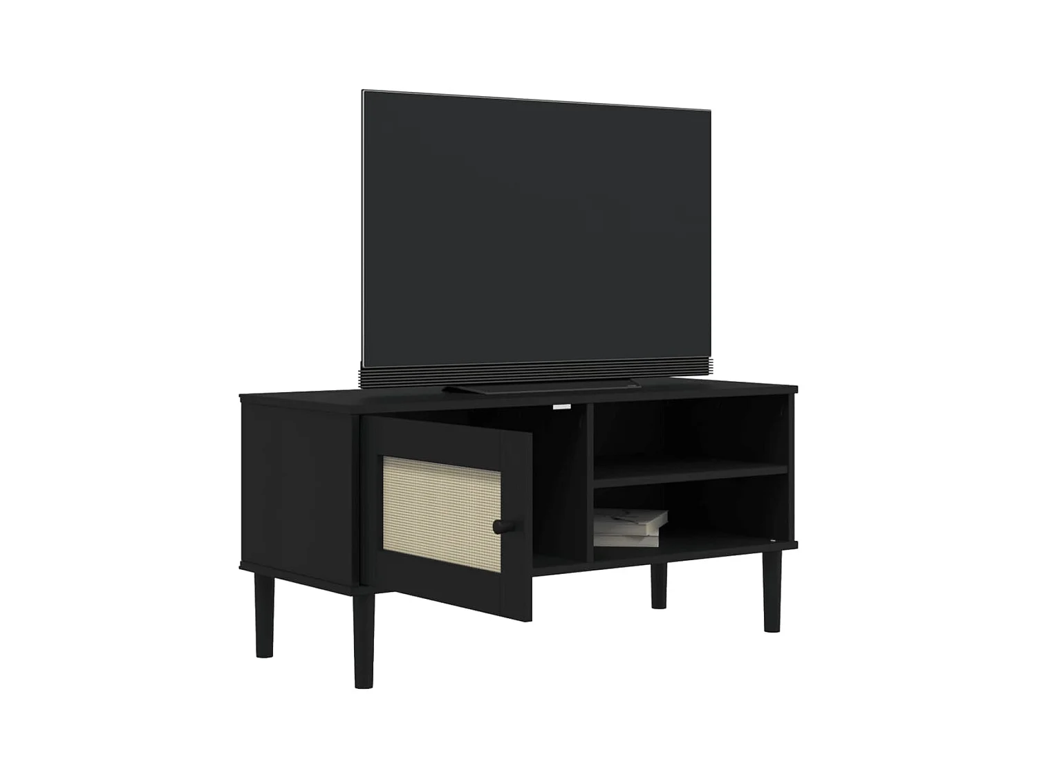 Meuble TV SENJA aspect rotin noir 106x40x49 bois massif pin