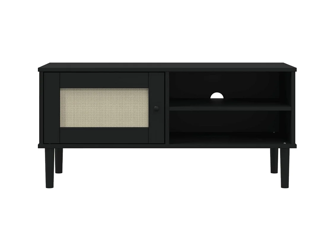 Meuble TV SENJA aspect rotin noir 106x40x49 bois massif pin