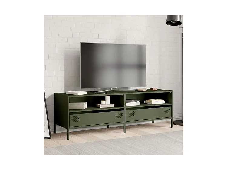 Meuble TV vert olive 135x39x43,5 acier laminé à froid