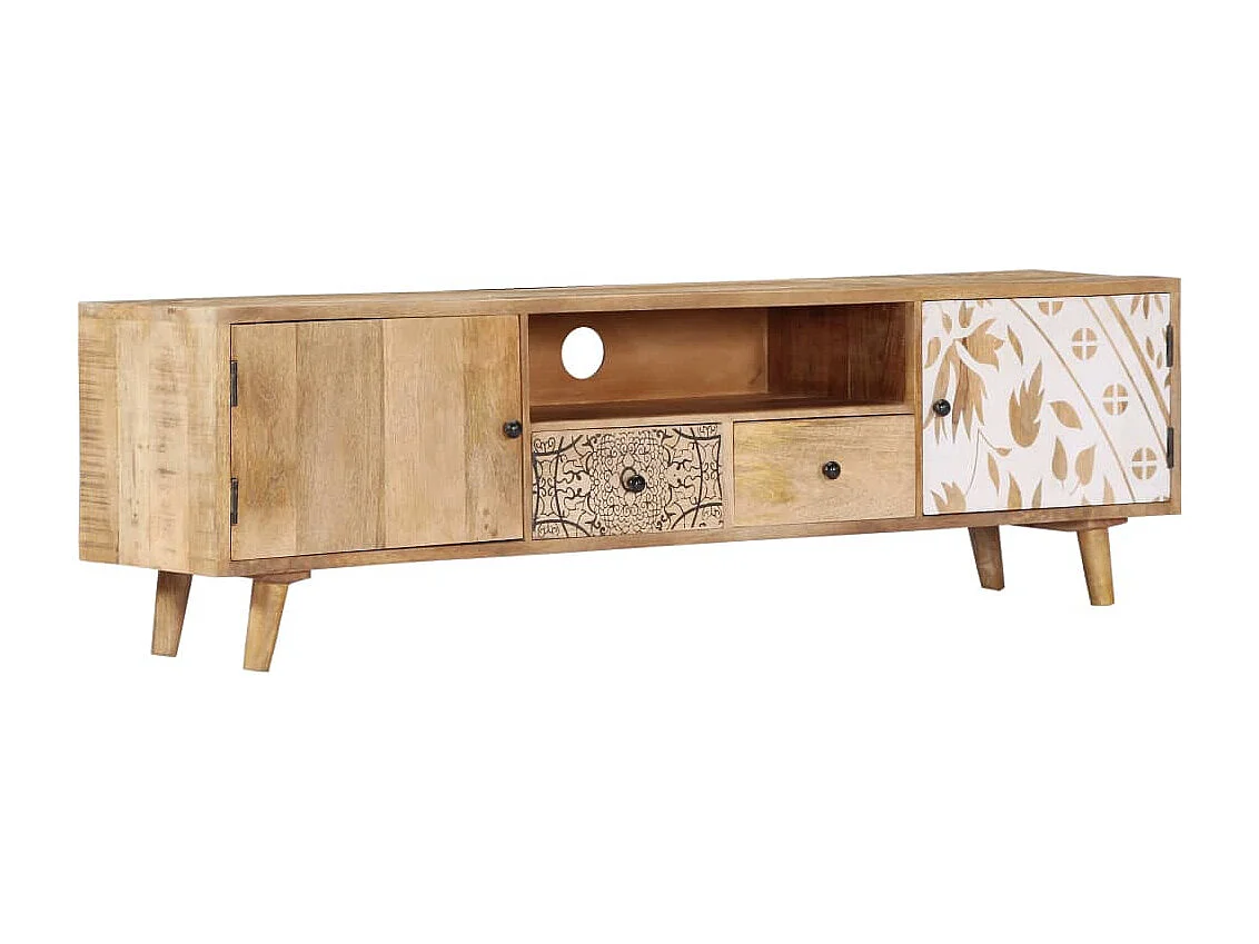 Meuble TV 2 portes 2 tiroirs manguier massif clair Walker