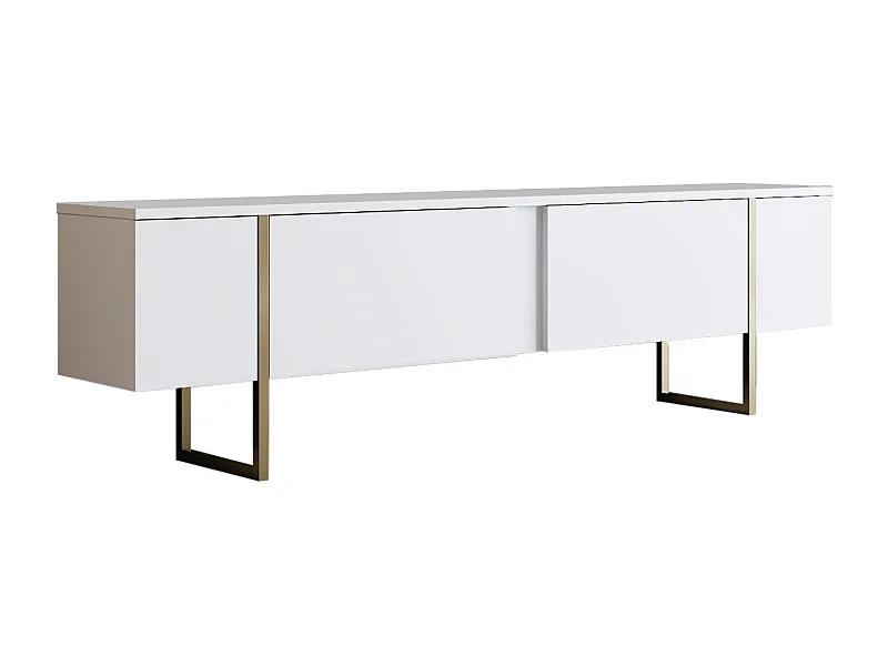 Meuble TV moderne 2 portes battantes en bois et pieds en acier Taky 180cm-Couleur Blanc et doré