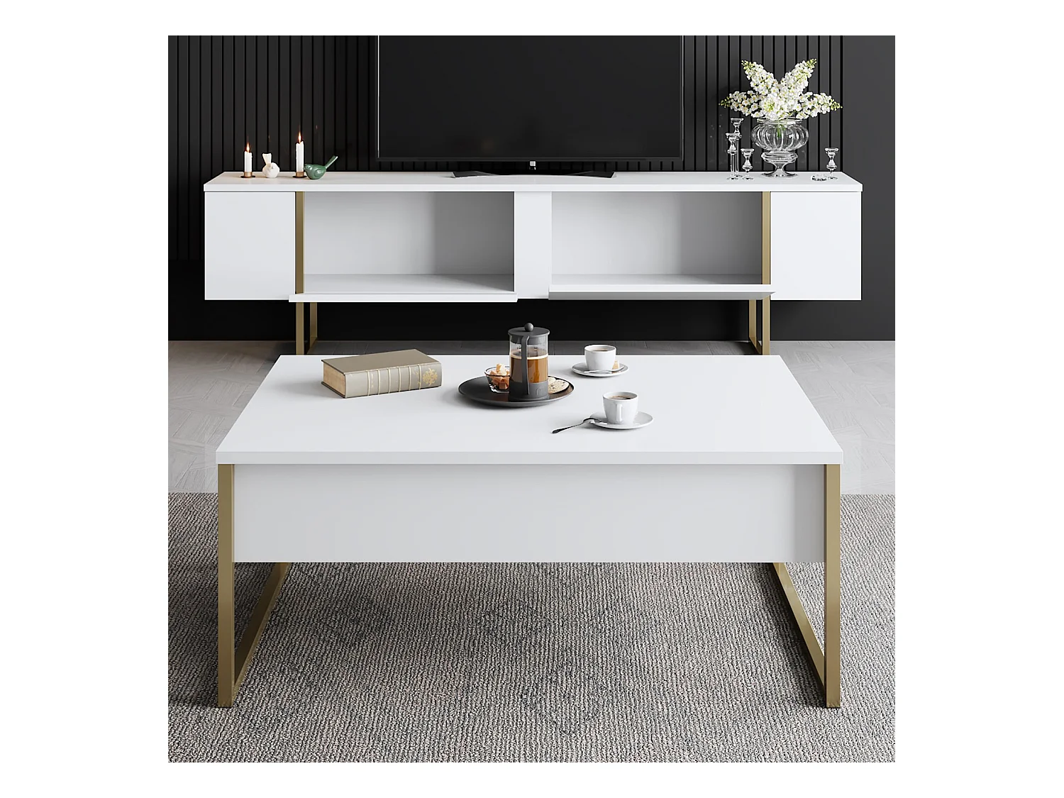 Meuble TV moderne 2 portes battantes en bois et pieds en acier Taky 180cm-Couleur Blanc et doré