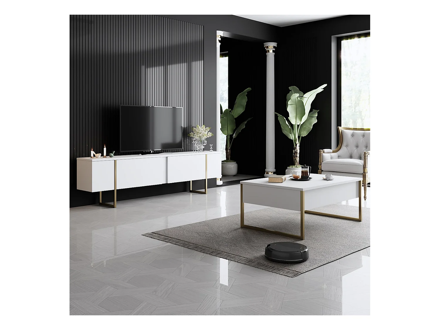 Meuble TV moderne 2 portes battantes en bois et pieds en acier Taky 180cm-Couleur Blanc et doré