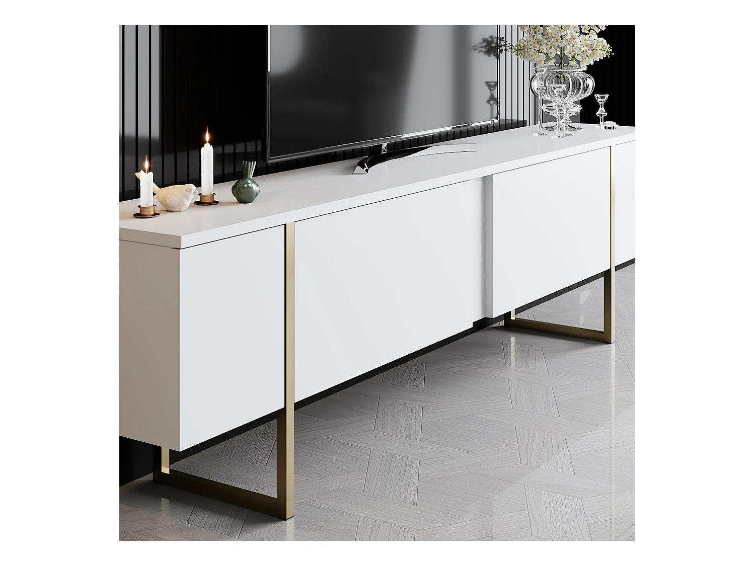Meuble TV moderne 2 portes battantes en bois et pieds en acier Taky 180cm-Couleur Blanc et doré
