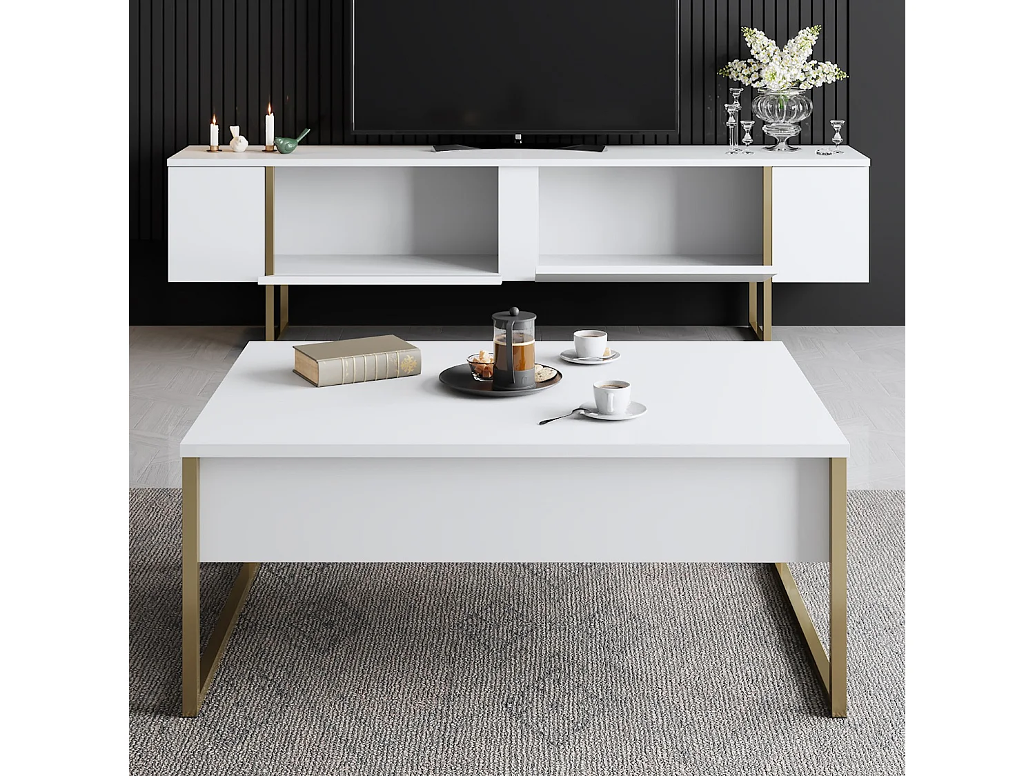 Meuble TV moderne 2 portes battantes en bois et pieds en acier Taky 180cm-Couleur Blanc et doré