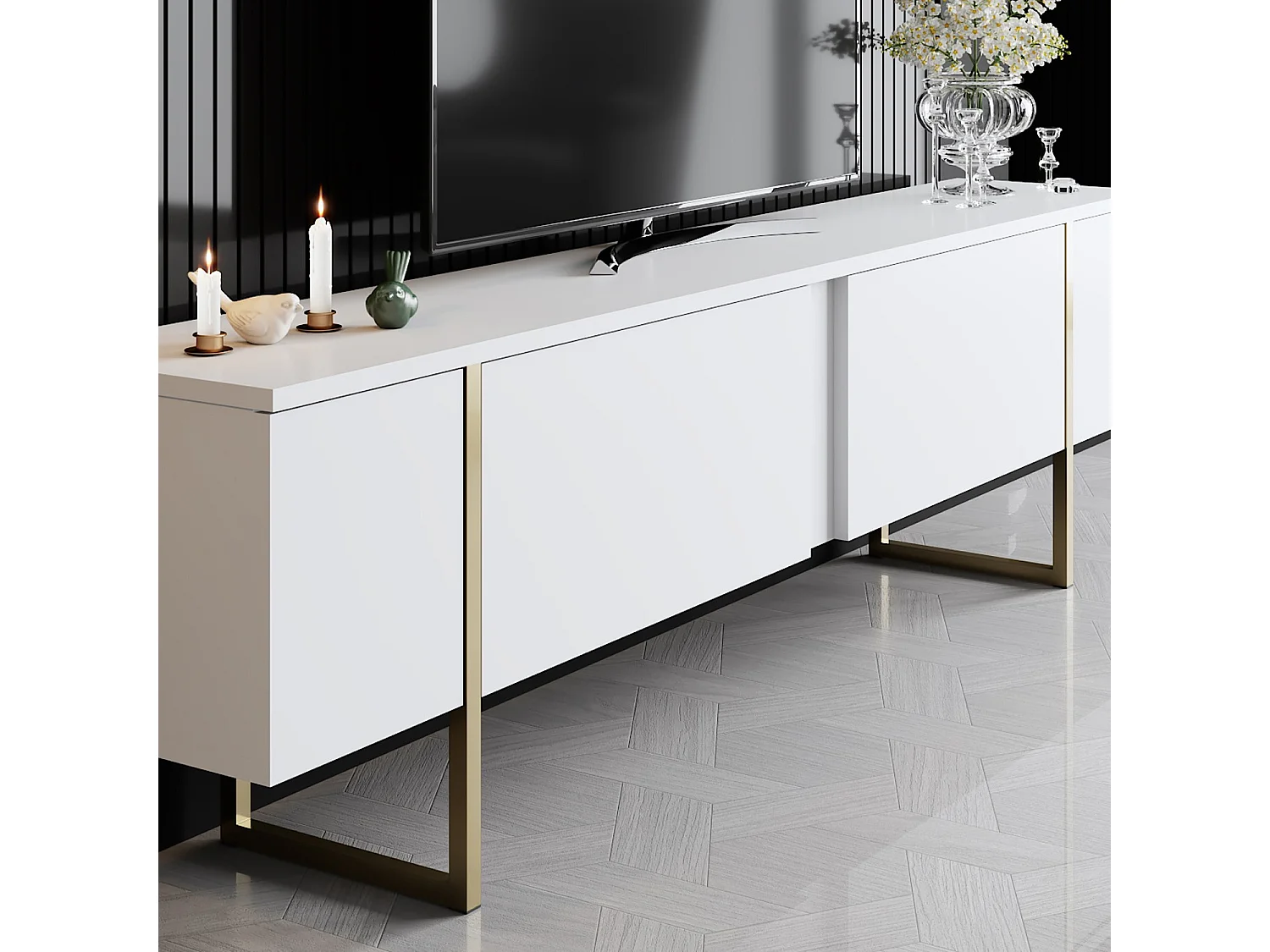 Meuble TV moderne 2 portes battantes en bois et pieds en acier Taky 180cm-Couleur Blanc et doré