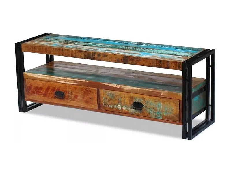 Meuble TV 2 tiroirs bois massif recyclé multicolore et métal noir Moust 120cm