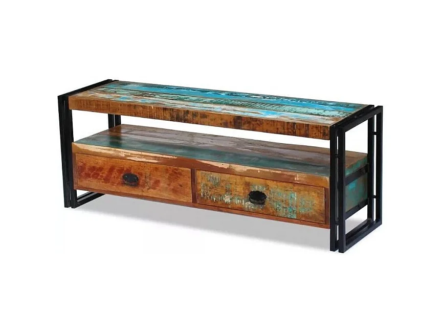 Meuble TV 2 tiroirs bois massif recyclé multicolore et métal noir Moust 120cm