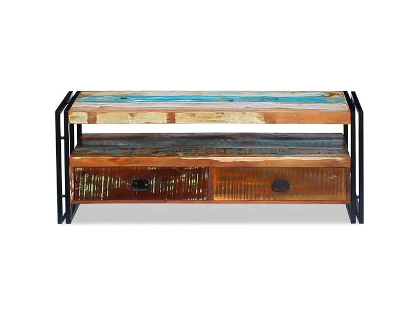 Meuble TV 2 tiroirs bois massif recyclé multicolore et métal noir Moust 120cm