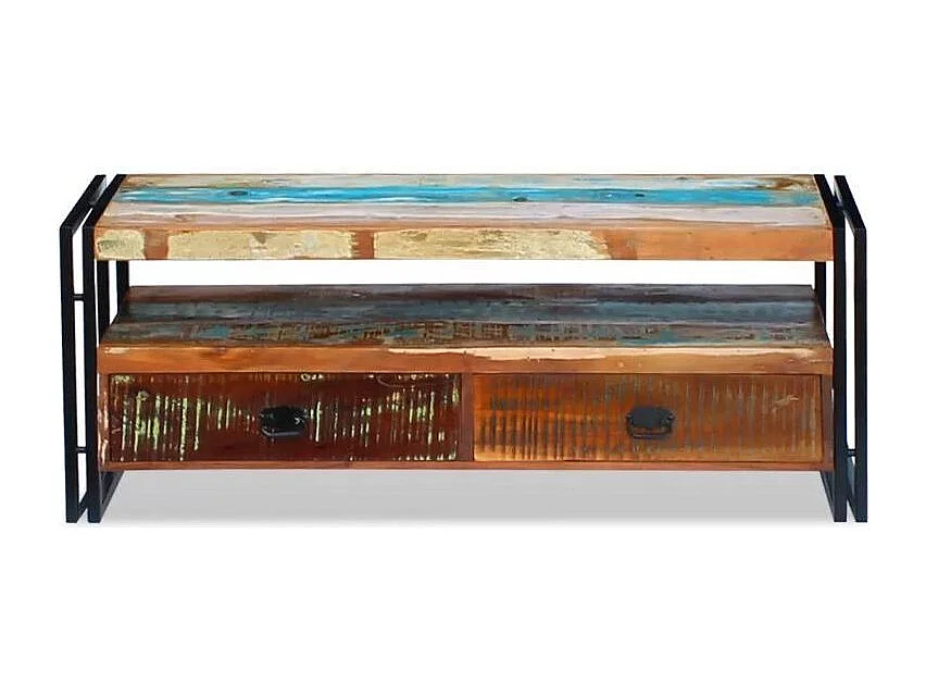 Meuble TV 2 tiroirs bois massif recyclé multicolore et métal noir Moust 120cm