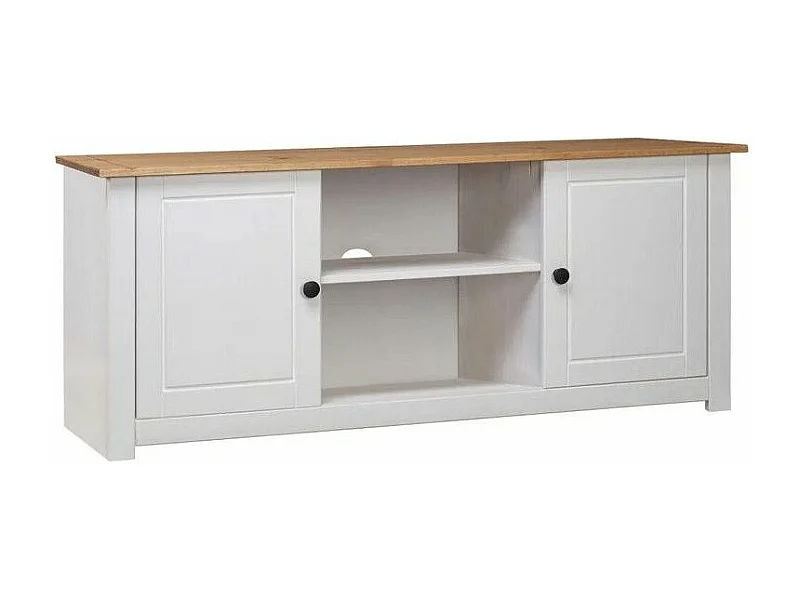 Meuble TV 2 portes en bois de pin massif Autika 120cm – Élégance rustique et polyvalence-Couleur Blanc