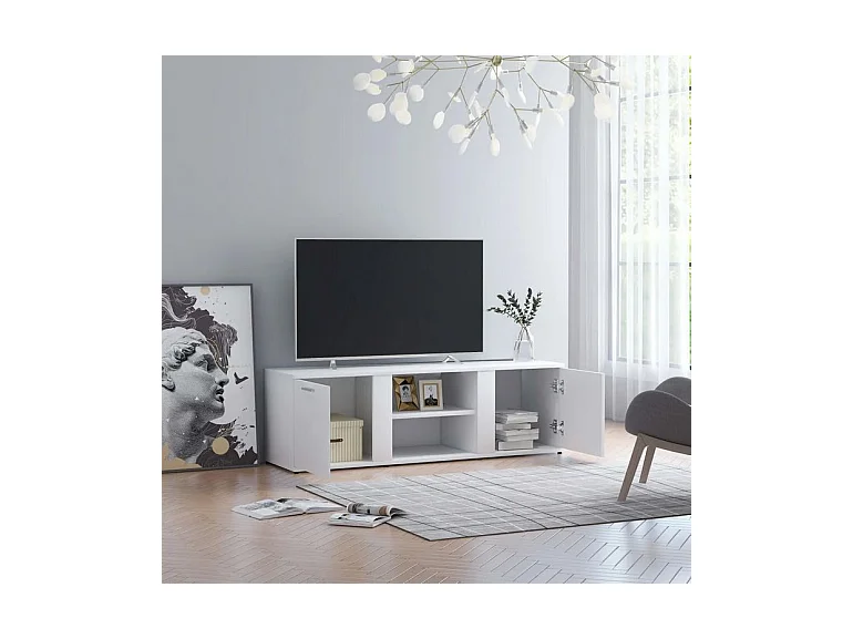 Meuble TV 2 portes 2 niches bois blanc Syllo 120cm