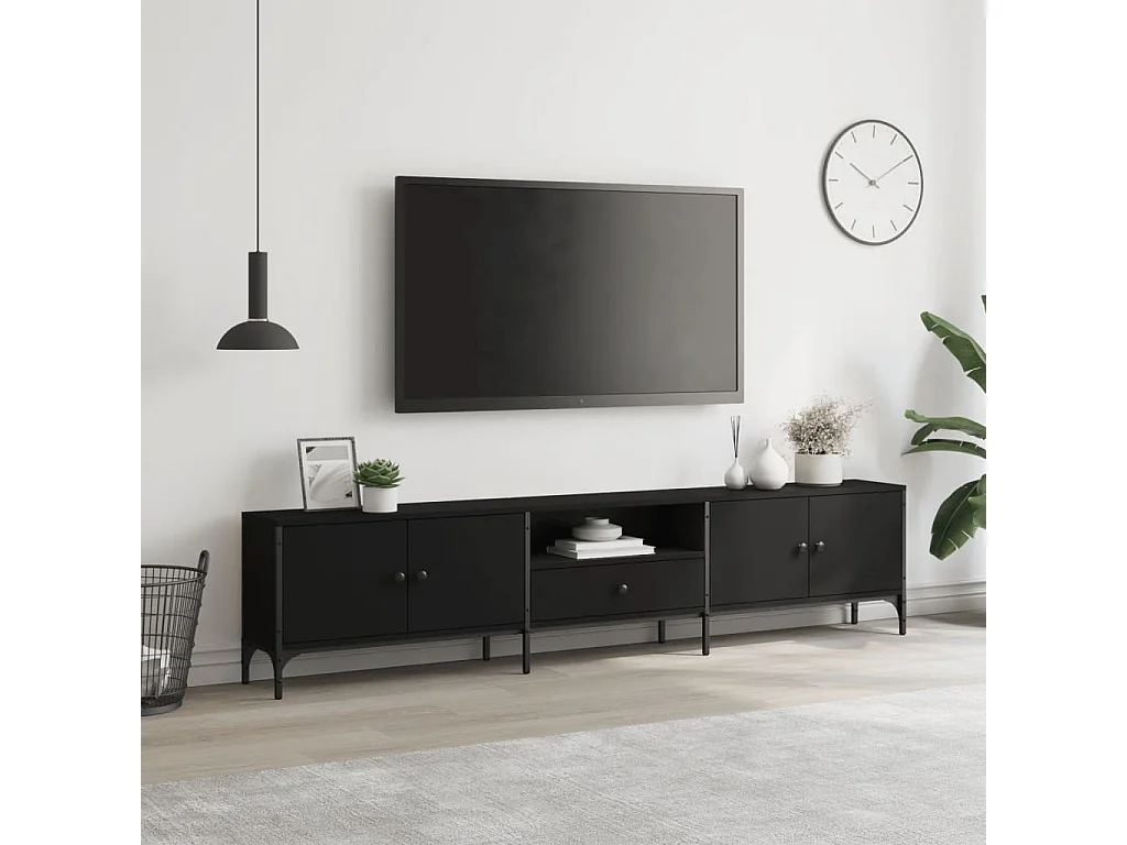 Meuble TV avec tiroir noir 200x25x44 bois d'ingénierie