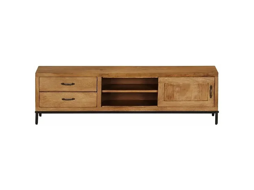 Meuble TV 2 tiroirs 1 porte manguier massif et métal noir Sopra