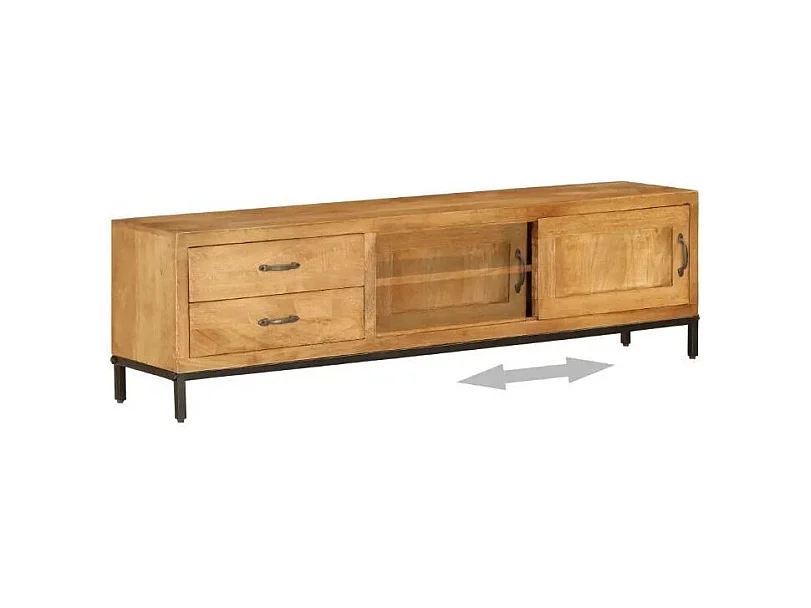 Meuble TV 2 tiroirs 1 porte manguier massif et métal noir Sopra