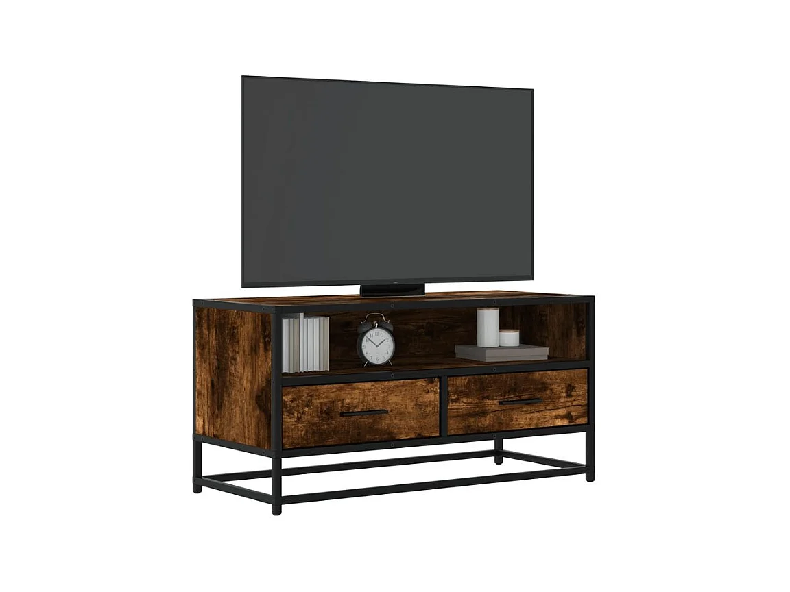 Meuble TV chêne fumé 80x34,5x40 bois d'ingénierie et métal