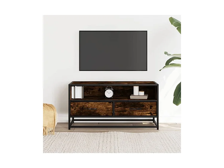 Meuble TV chêne fumé 80x34,5x40 bois d'ingénierie et métal