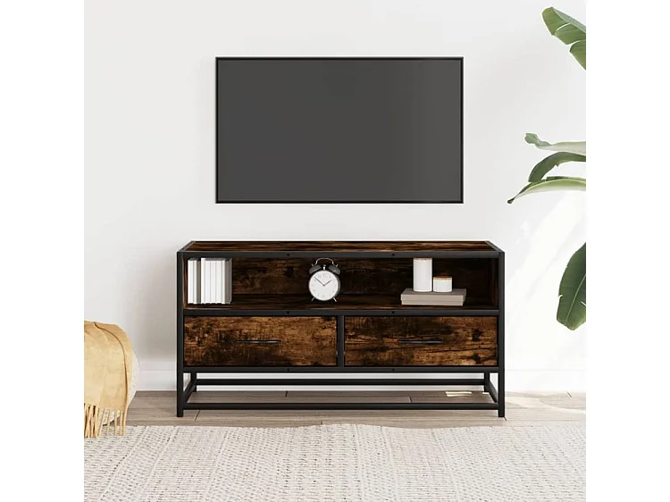 Meuble TV chêne fumé 80x34,5x40 bois d'ingénierie et métal