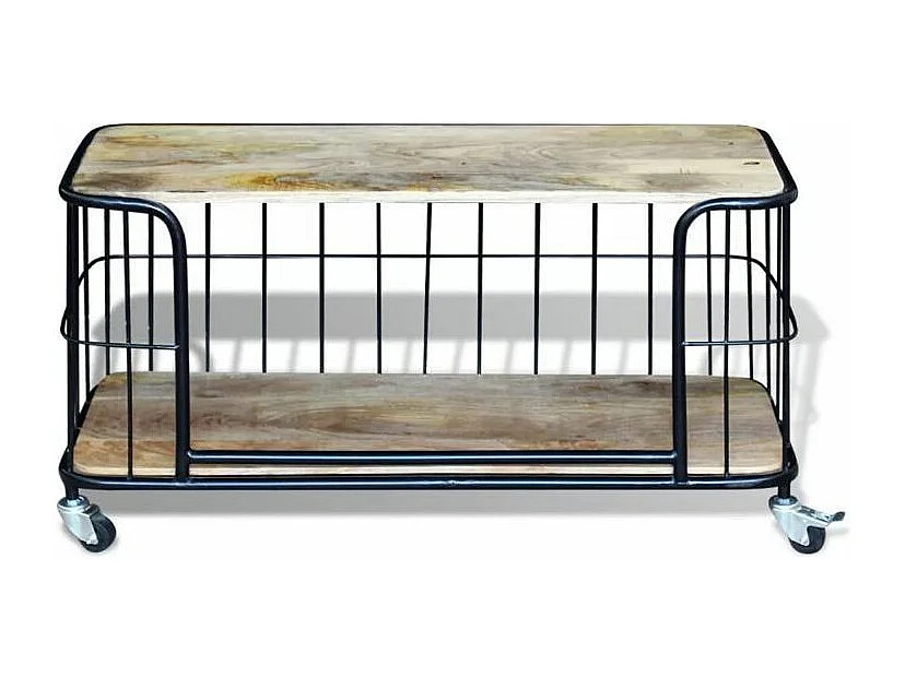 Meuble TV sur roulettes manguier massif et métal noir Dinky