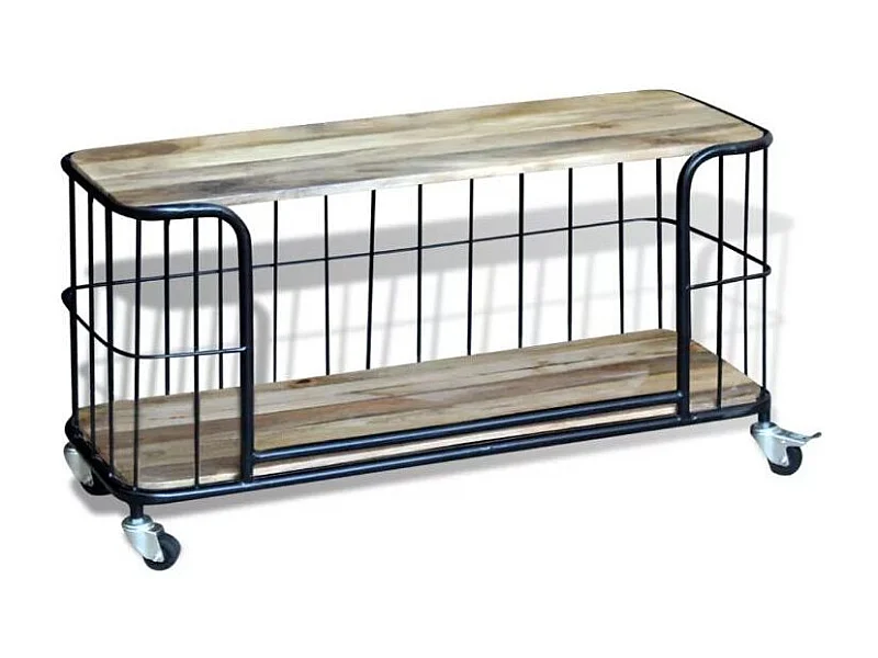 Meuble TV sur roulettes manguier massif et métal noir Dinky