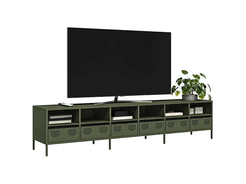 Meuble TV vert olive 202x39x43,5 acier laminé à froid