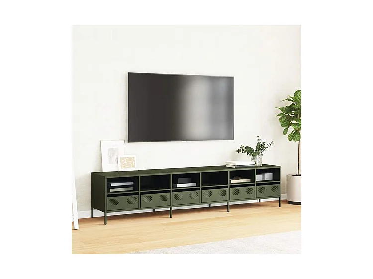 Meuble TV vert olive 202x39x43,5 acier laminé à froid