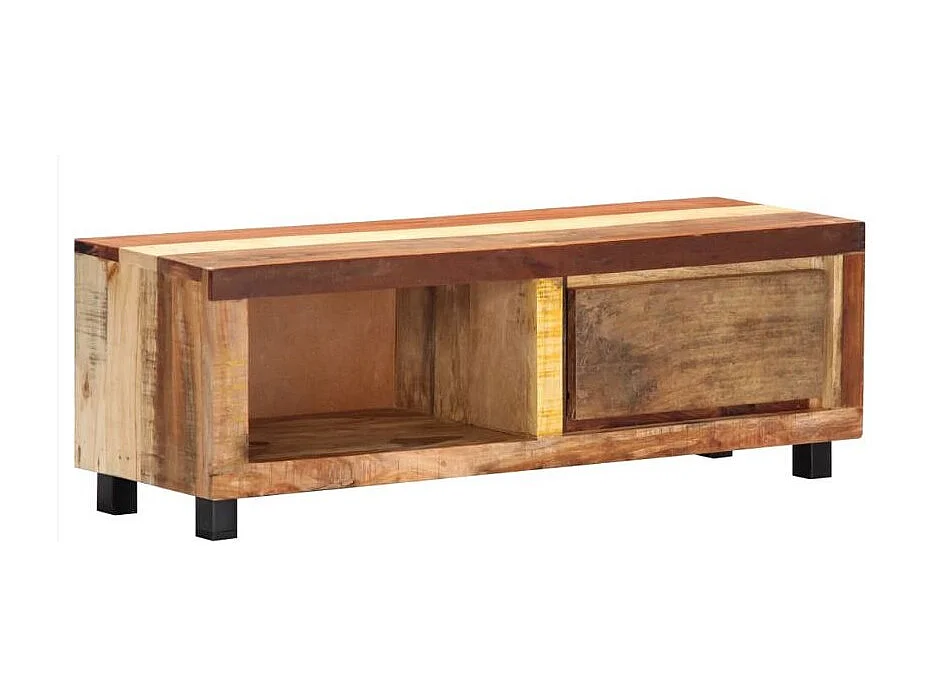 Meuble TV 1 tiroir 1 niche bois massif recyclé et pieds métal noir Masay
