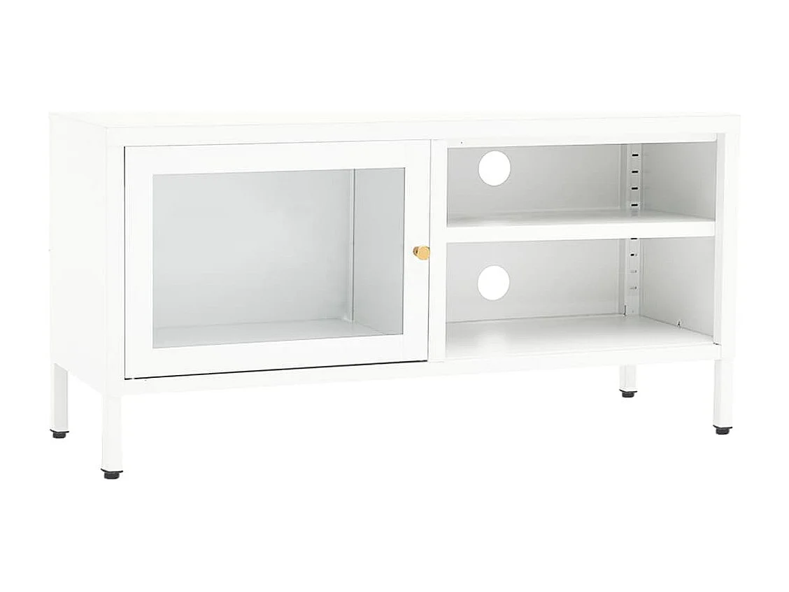 Meuble TV Blanc 90x30x44 Acier et verre
