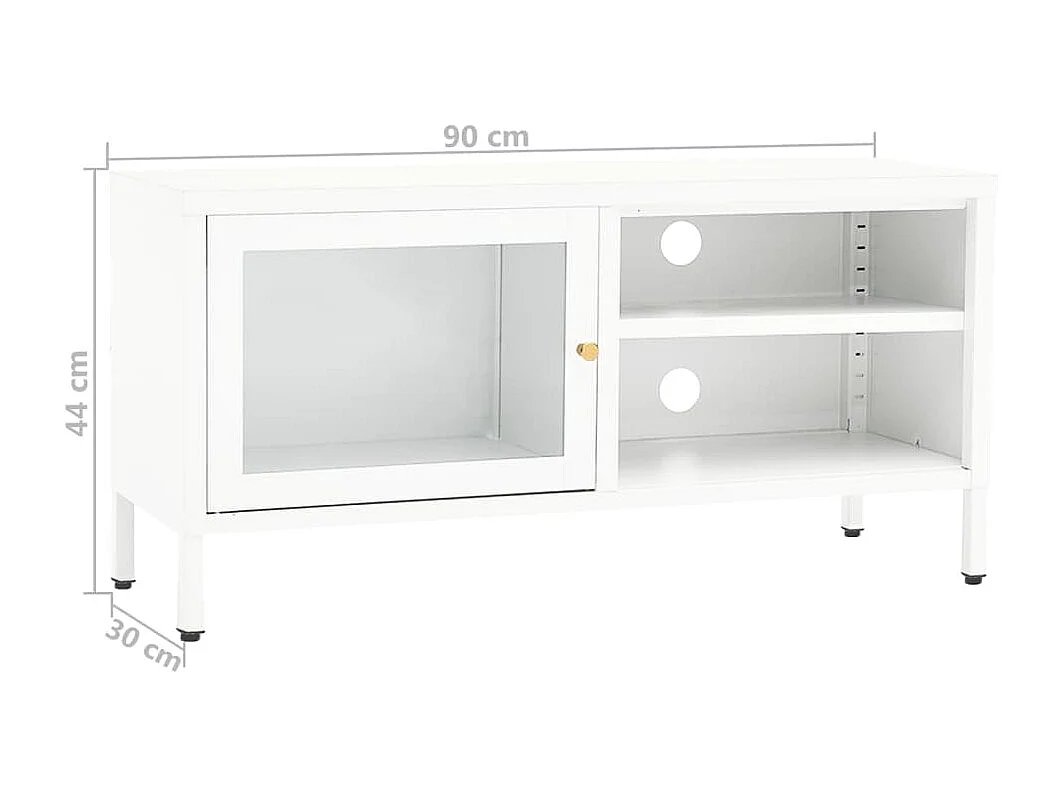 Meuble TV Blanc 90x30x44 Acier et verre