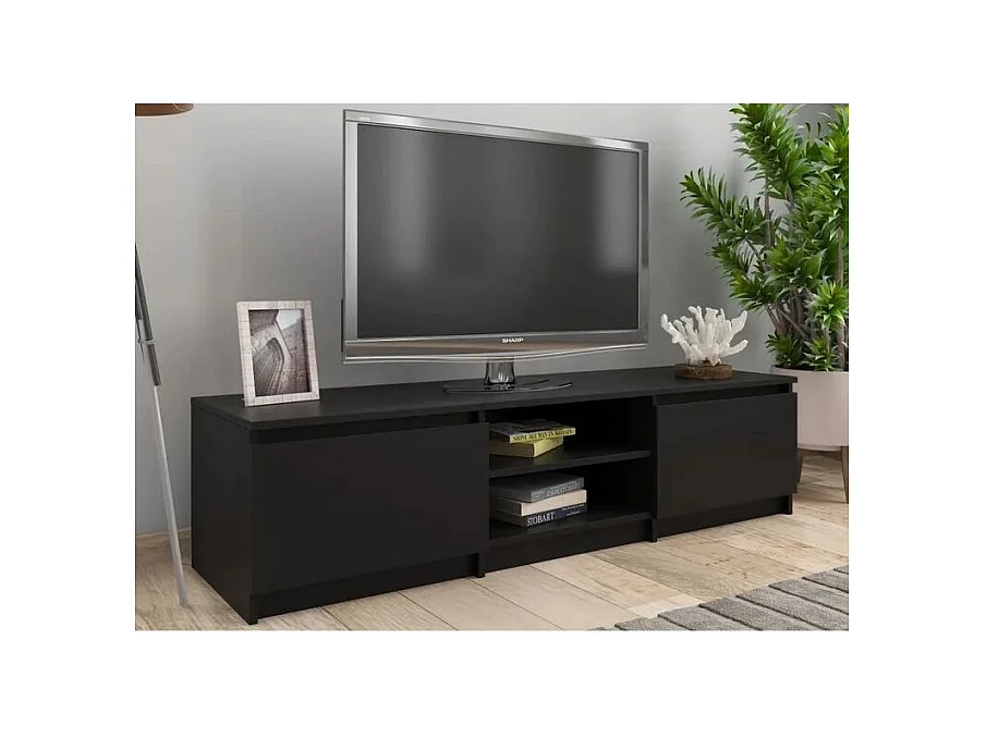 Meuble TV 2 portes 2 niches bois noir Cyna 140cm