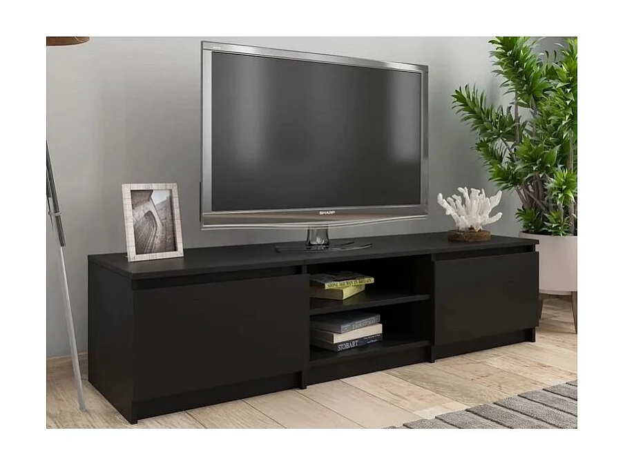 Meuble TV 2 portes 2 niches bois noir Cyna 140cm