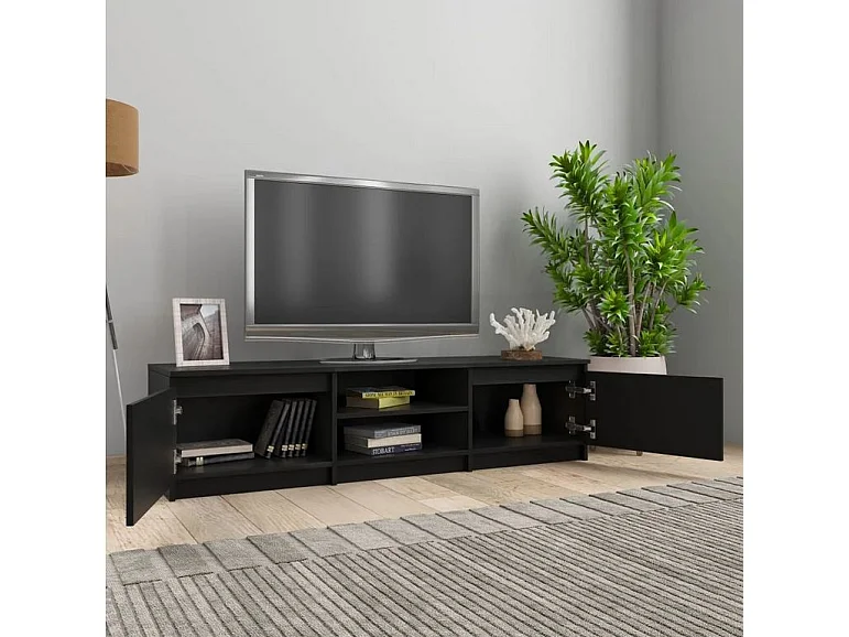 Meuble TV 2 portes 2 niches bois noir Cyna 140cm