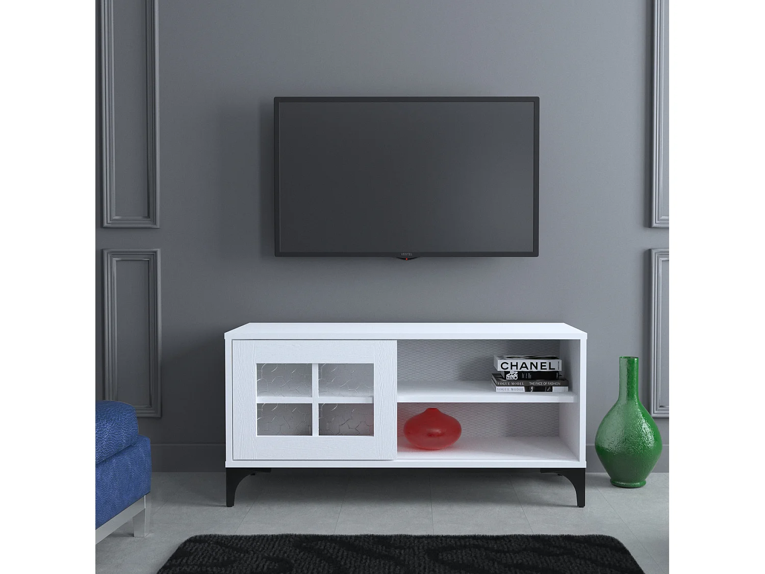 Meuble TV 1 porte coulissante bois blanc Riko 100cm