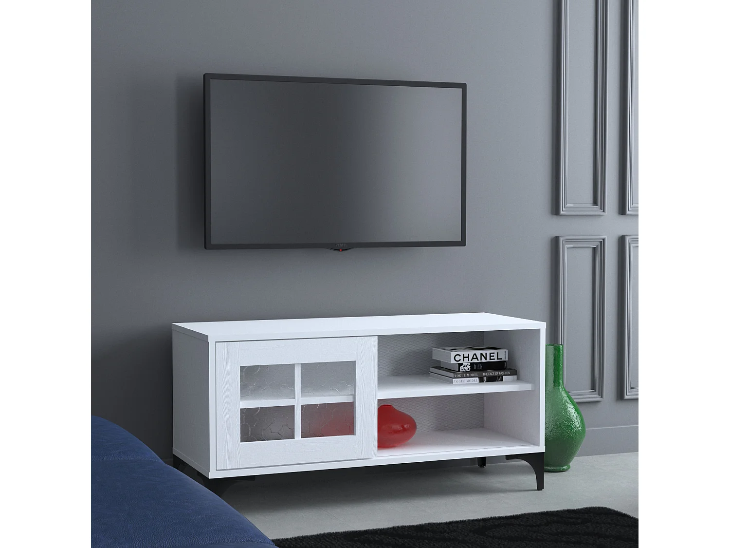 Meuble TV 1 porte coulissante bois blanc Riko 100cm