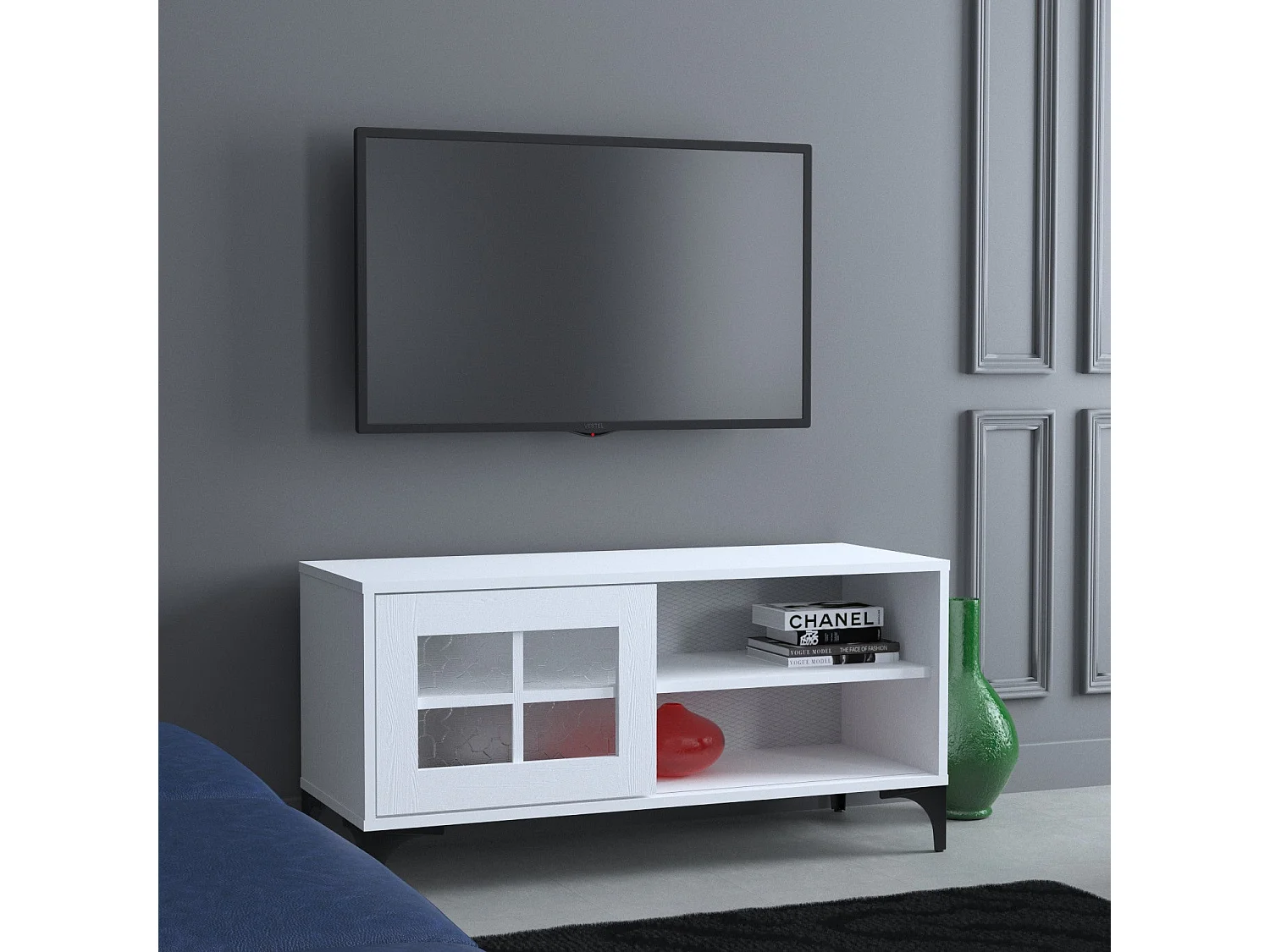Meuble TV 1 porte coulissante bois blanc Riko 100cm