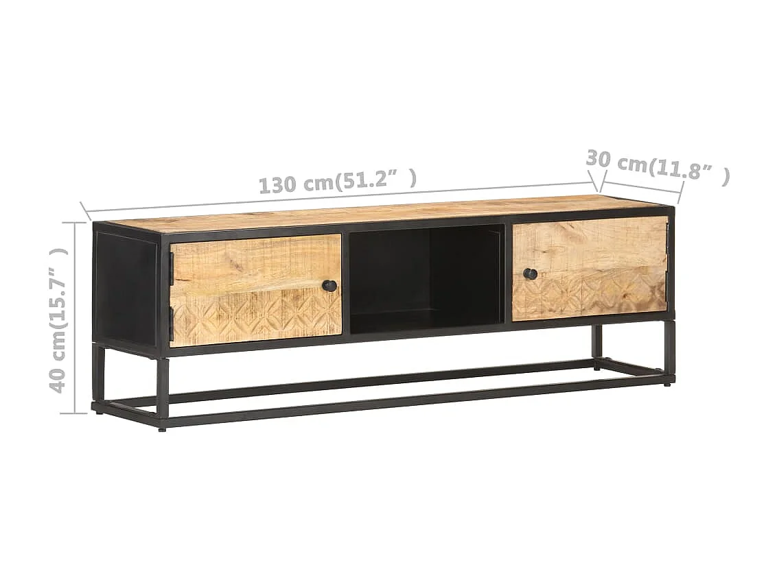 Meuble TV avec porte sculptée 130x30x40 Bois de manguier brut