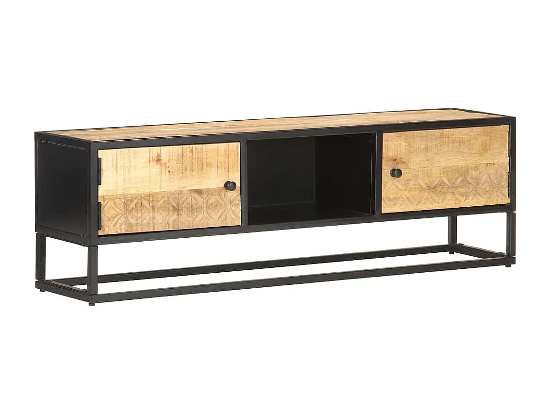 Meuble TV avec porte sculptée 130x30x40 Bois de manguier brut